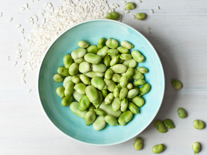 Shelled fava beans and arborio rice
