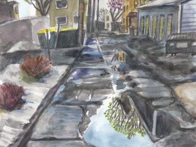 watercolor painting of alley