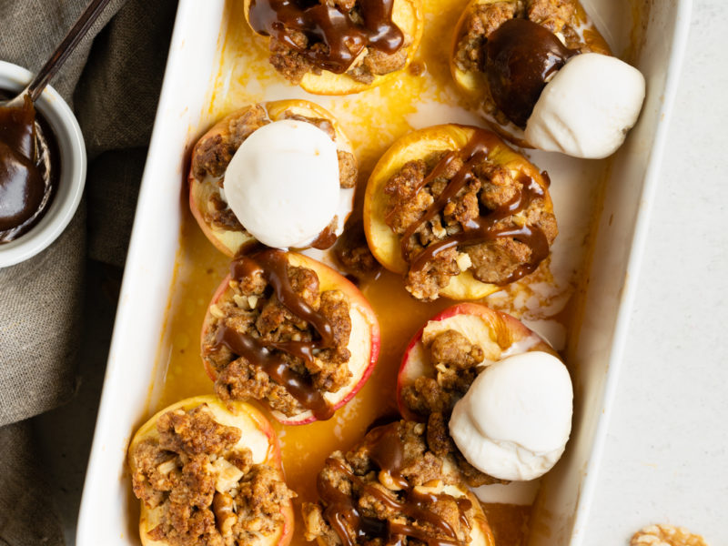 Baked Apples with Walnut Crumble & Caramel Sauce